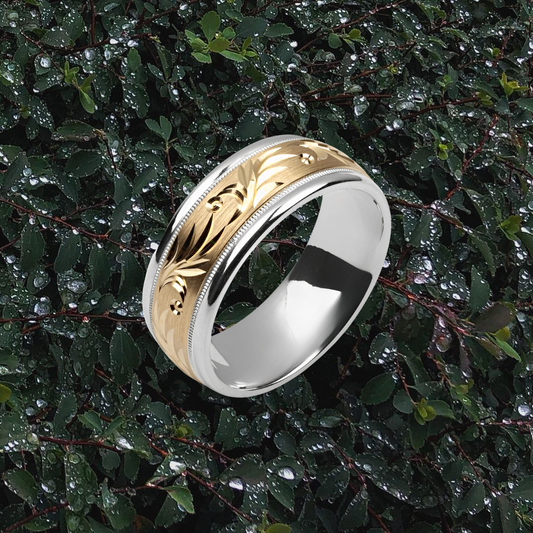 NATURE’S EMBRACE - Silver Wedding Band with Yellow Gold Leaf Design