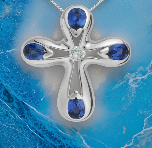 SAPPHIRE RADIANCE CROSS - White Gold Cross Pendant with Sapphires and Diamond