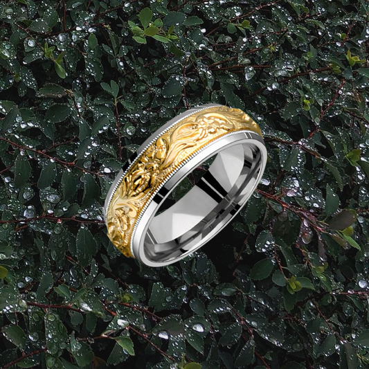 BOTANICAL ELEGANCE - Titanium & Yellow Gold Floral Carved Ring
