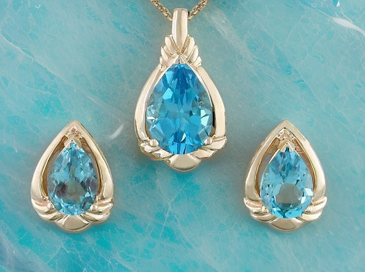 AZURE DROPLET: Teardrop Blue Topaz and Gold Pendant and Earrings Set